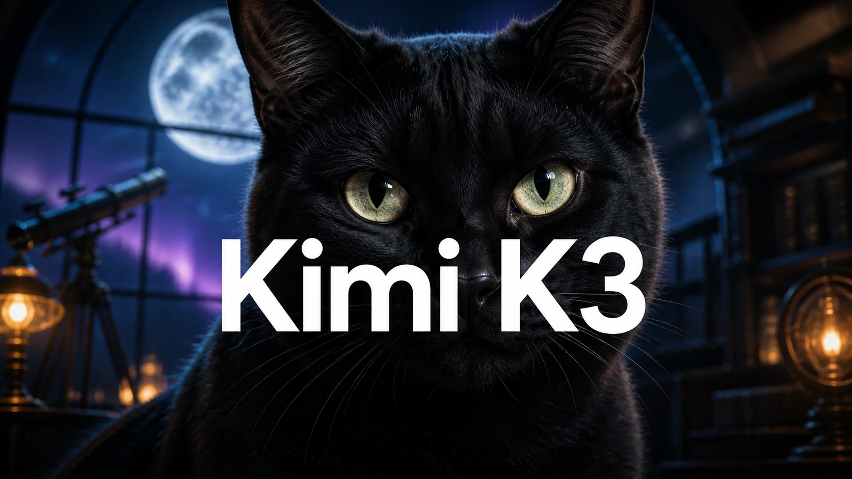 Black cat in a moonlit observatory representing the Kimi K3 multimodal model